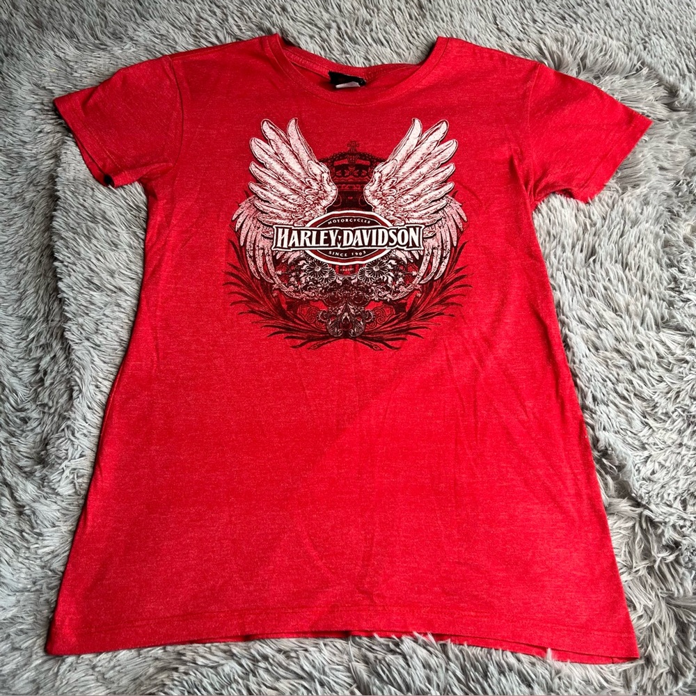 Harley Davidson Tshirt Womens Medium Red Spellout Wings Motorcycle Illinois